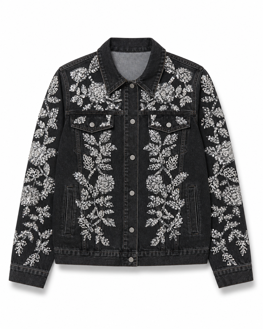 Black Crystal Floral Embellished Denim Jacket