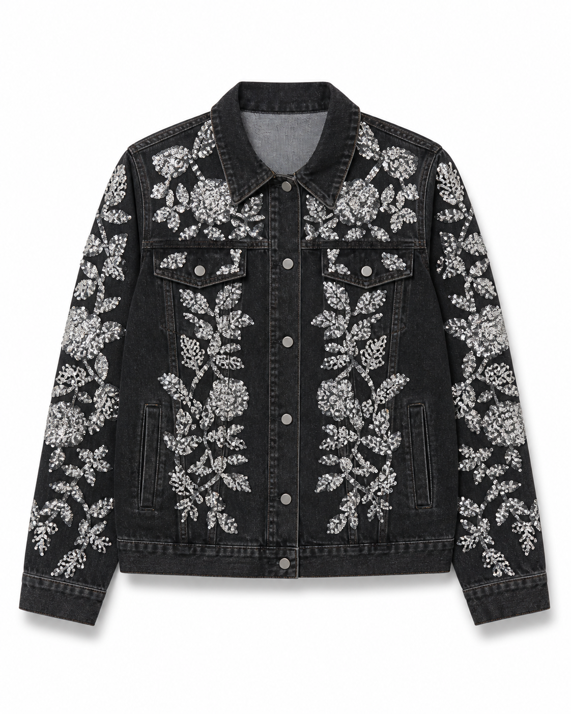 Black Crystal Floral Embellished Denim Jacket