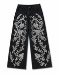 Black Sequin Floral Embellished Wide Leg Jeans