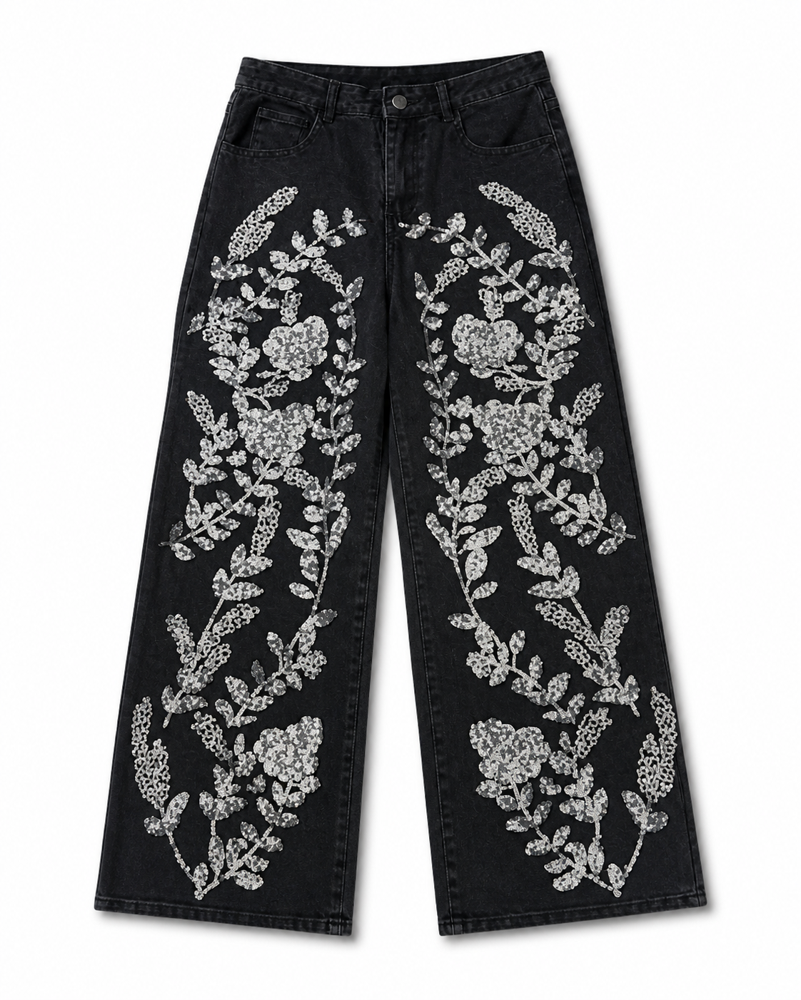 Black Sequin Floral Embellished Wide Leg Jeans
