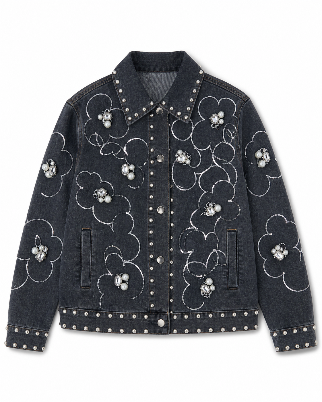 Black Crystal Flower Embellished Denim Jacket