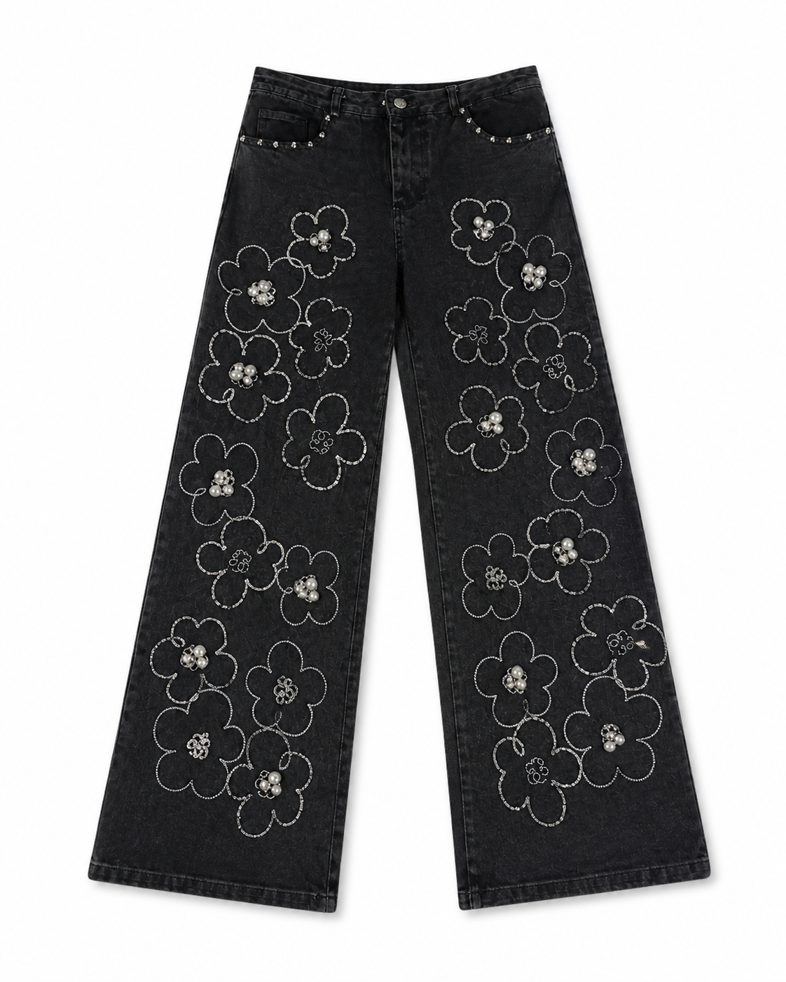 Black Embellished Floral Wide Leg Jeans