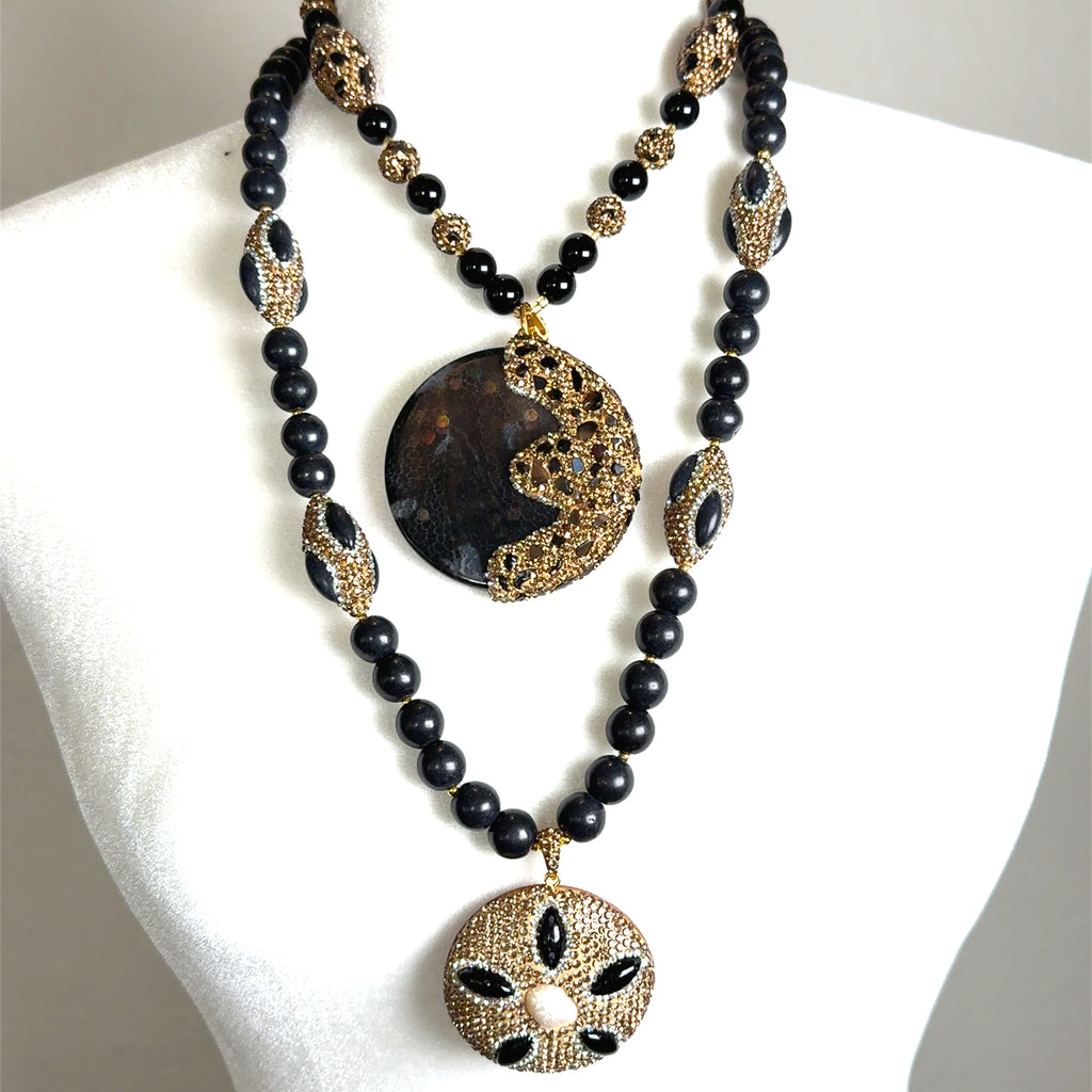 Black Gemstone Long Crystal Beaded Necklace