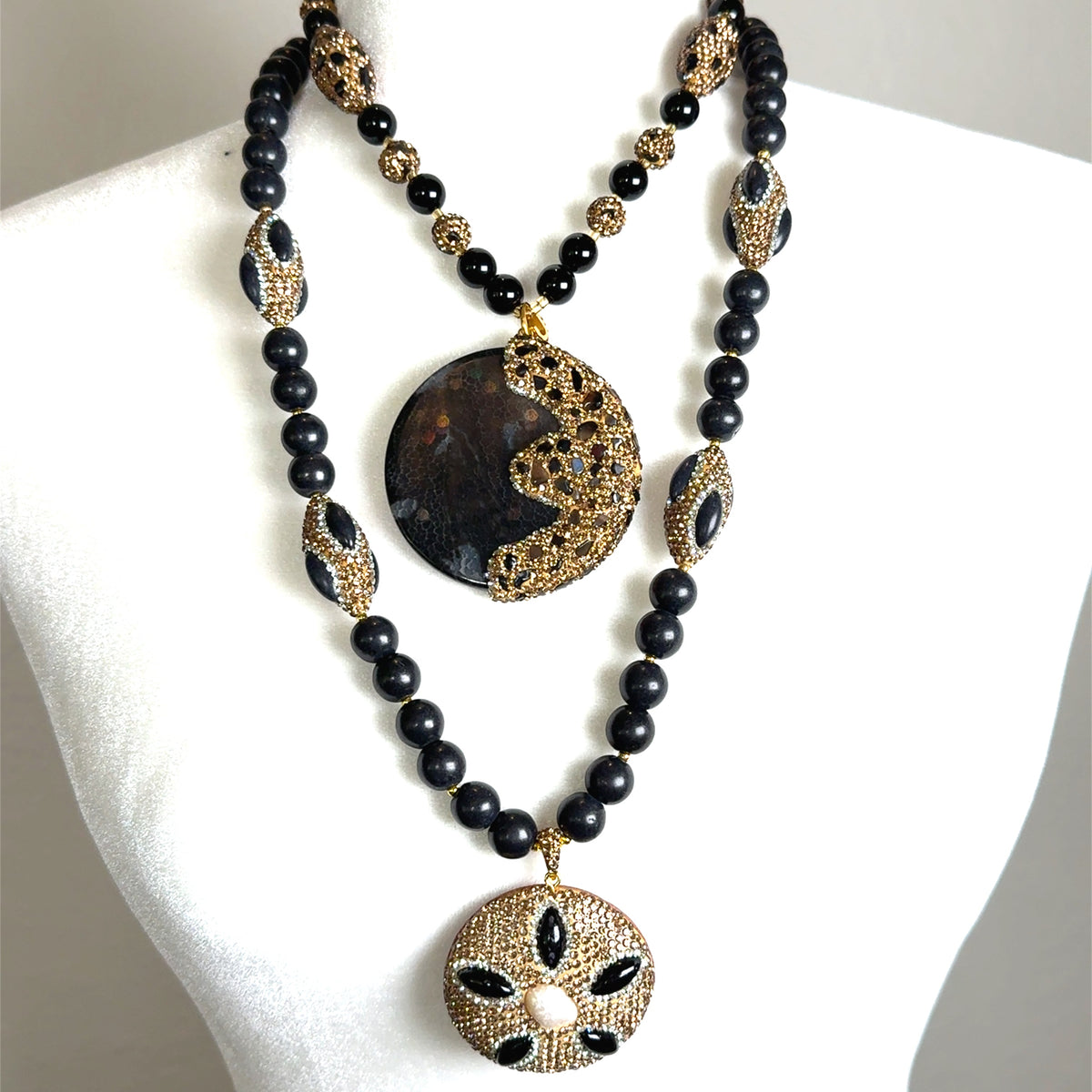 Black Gemstone Long Crystal Beaded Necklace