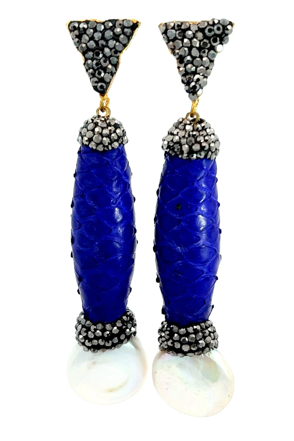 Blue Python Print Leather & Pearl Drop Gemstone Earring