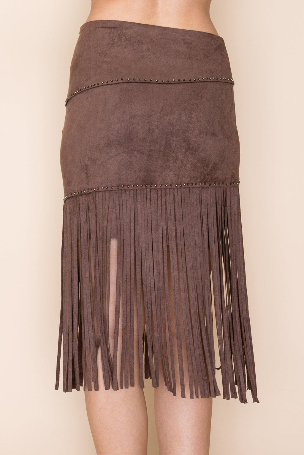 Chocolate Studded Tiered Fringe Suede Skirt