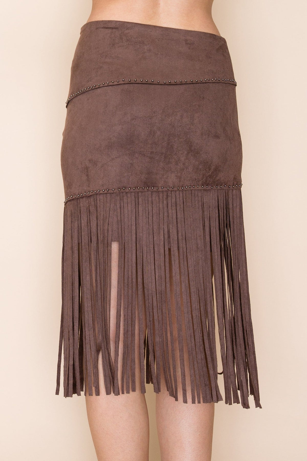 Chocolate Studded Tiered Fringe Suede Skirt