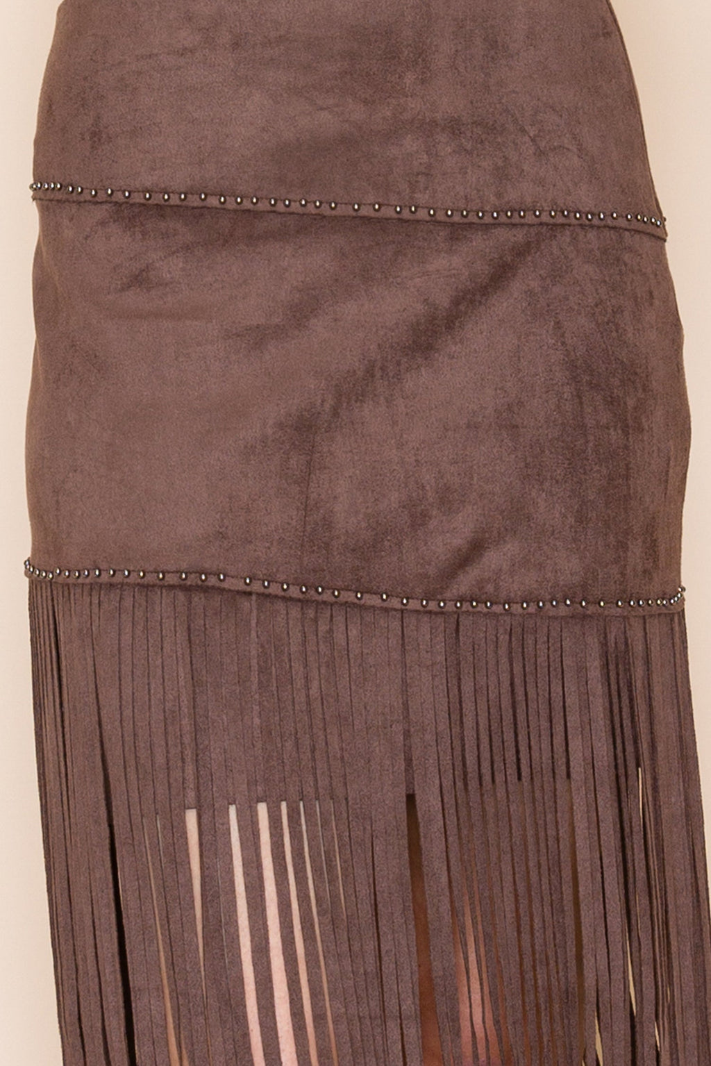 Chocolate Studded Tiered Fringe Suede Skirt