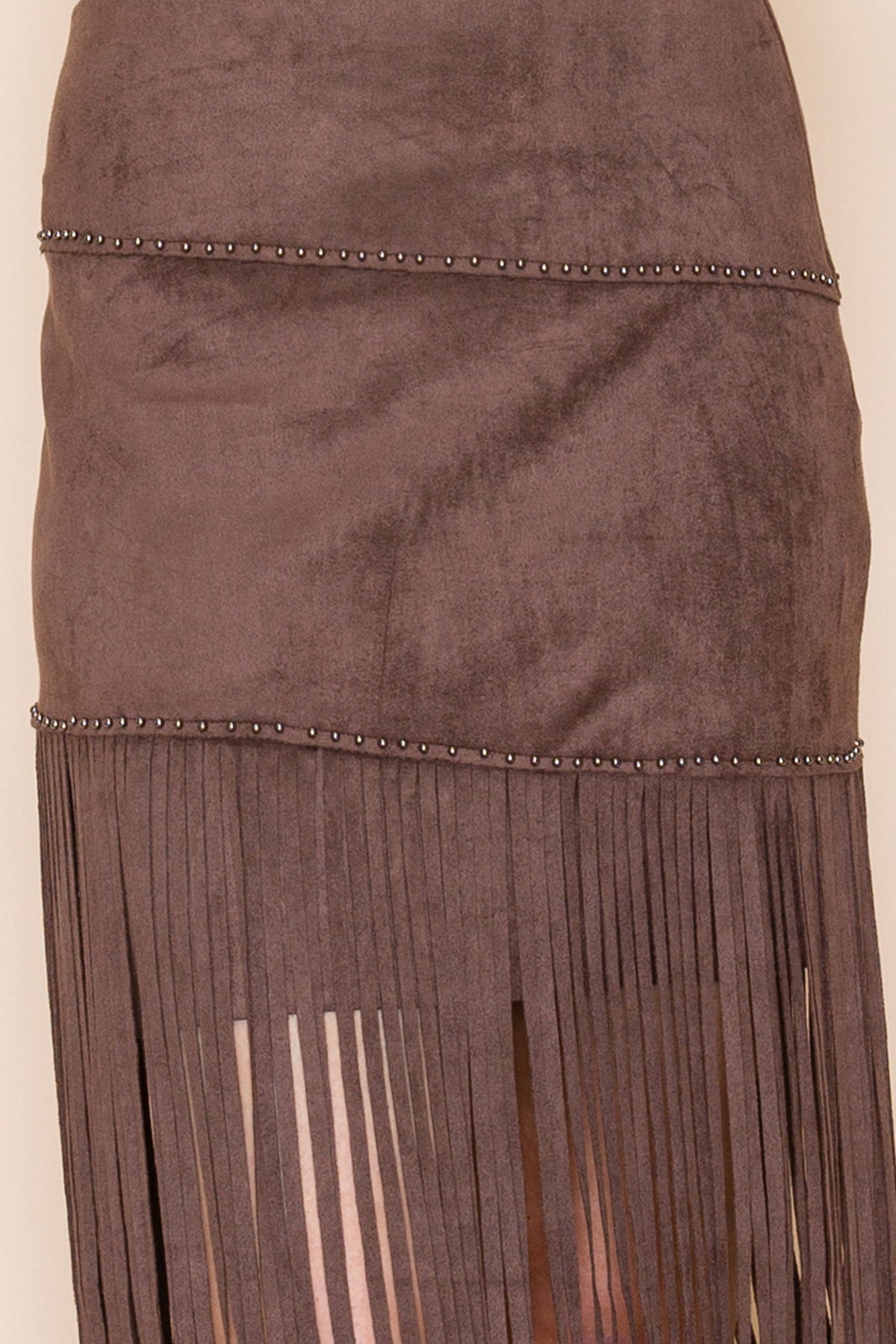 Chocolate Studded Tiered Fringe Suede Skirt