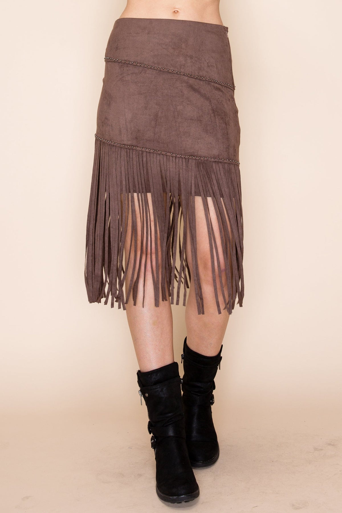 Chocolate Studded Tiered Fringe Suede Skirt