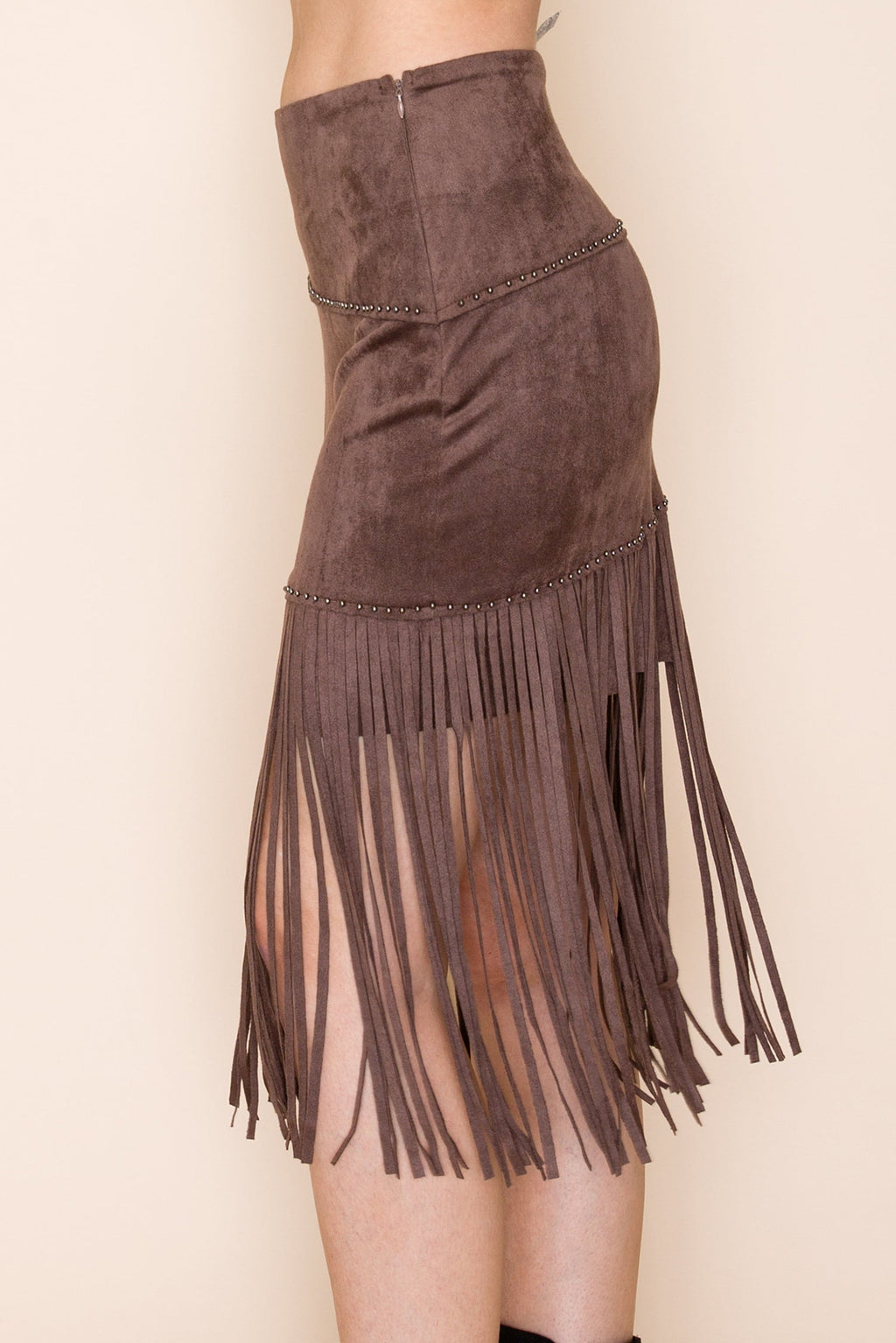 Chocolate Studded Tiered Fringe Suede Skirt