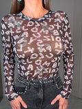 Black Crystal Embellished Mesh Long Sleeve Top
