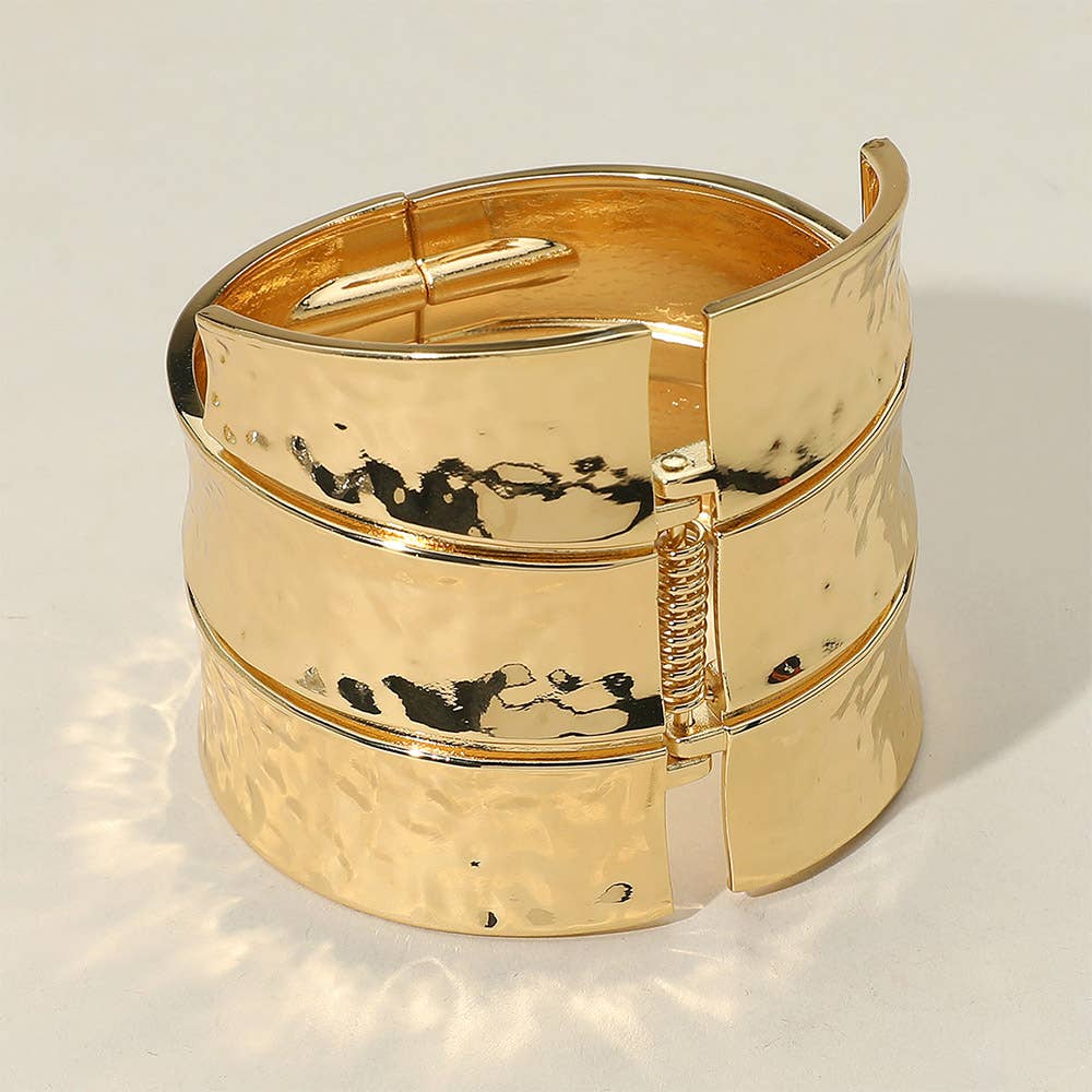 Bold Wide Textured Metal Hinged Bangle Bracelet
