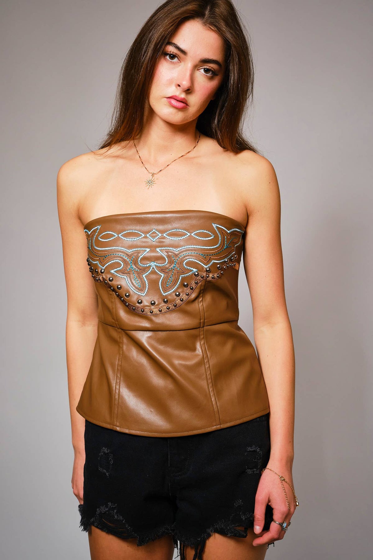 Blue B Western Embroidered Faux Leather Tube Top