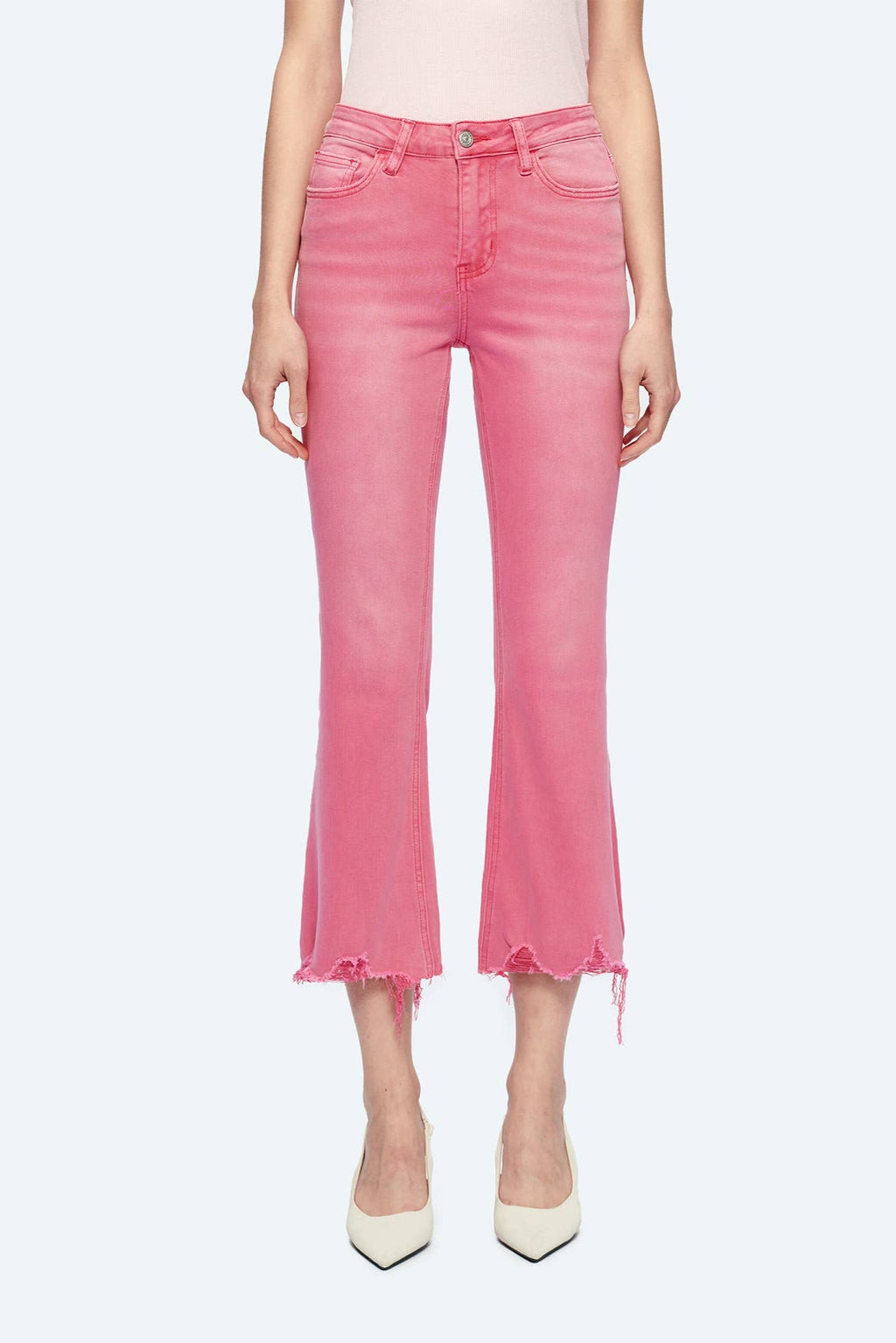 Bayeas Razberry Pink Mid Rise Crop Flare With Frayed Hem