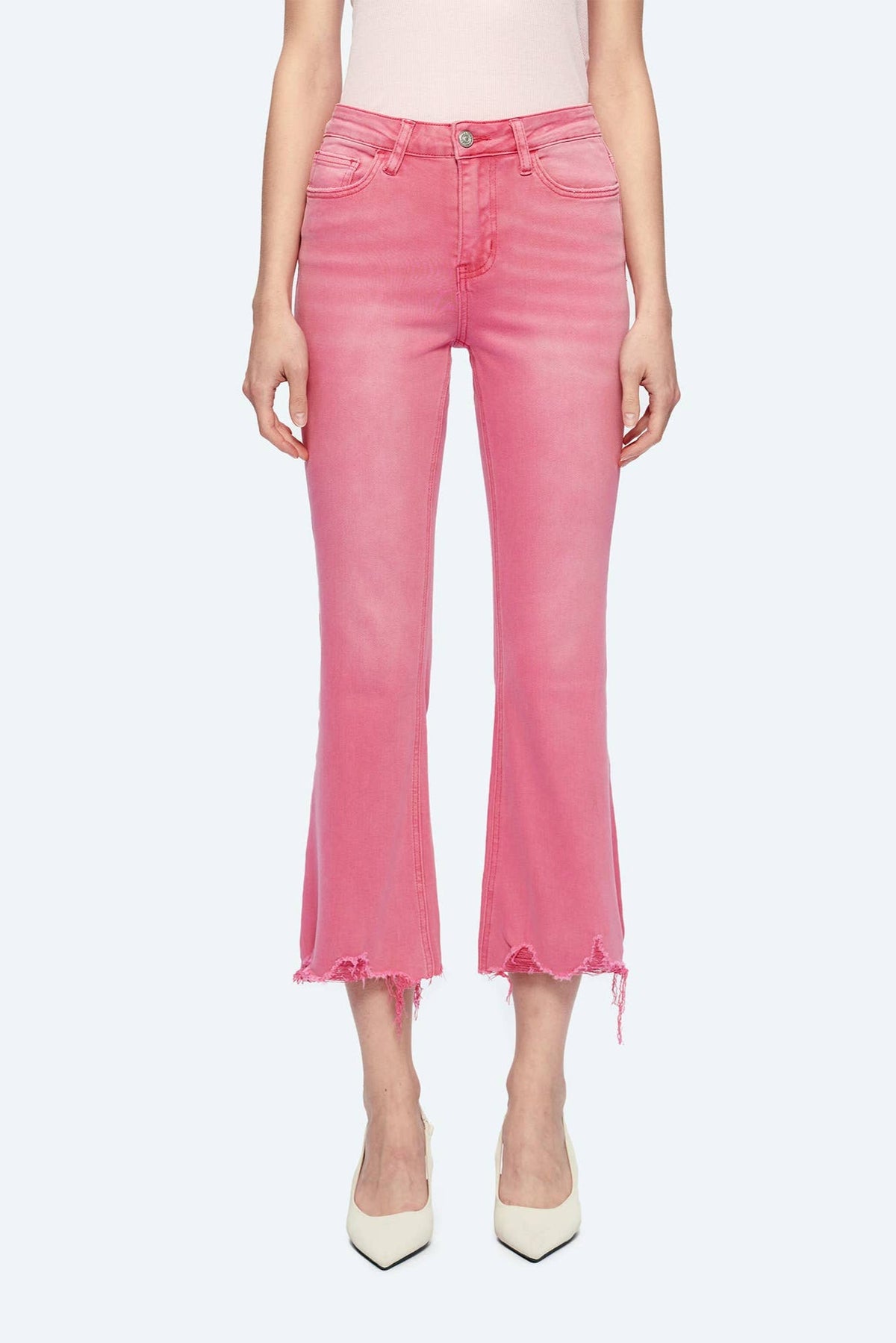 Bayeas Razberry Pink Mid Rise Crop Flare With Frayed Hem