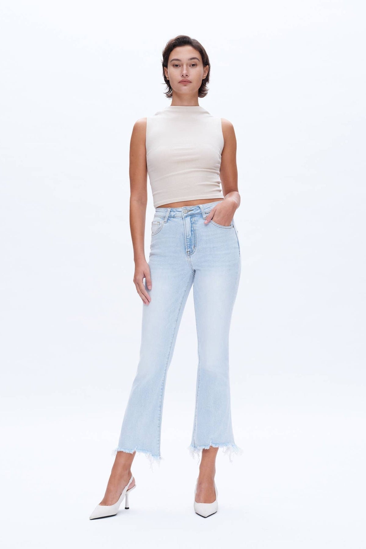 Bayeas High Rise Flare Denim Jeans with Frayed Hem