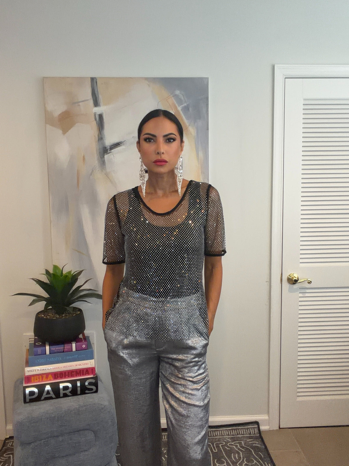 Black Sparkle Mesh Embellished Top with Tank