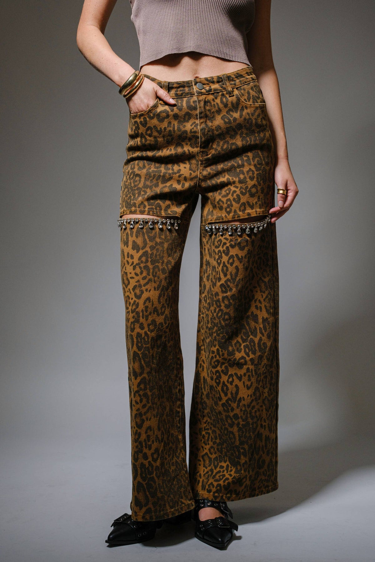 Blue B Dark Leopard Print Cut-Out Rhinestone Jeans