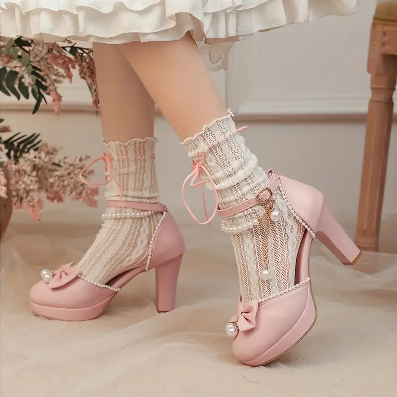 Sweet Style Round Toe Mid-Heel Pumps with Double Adjustable Ankle Straps