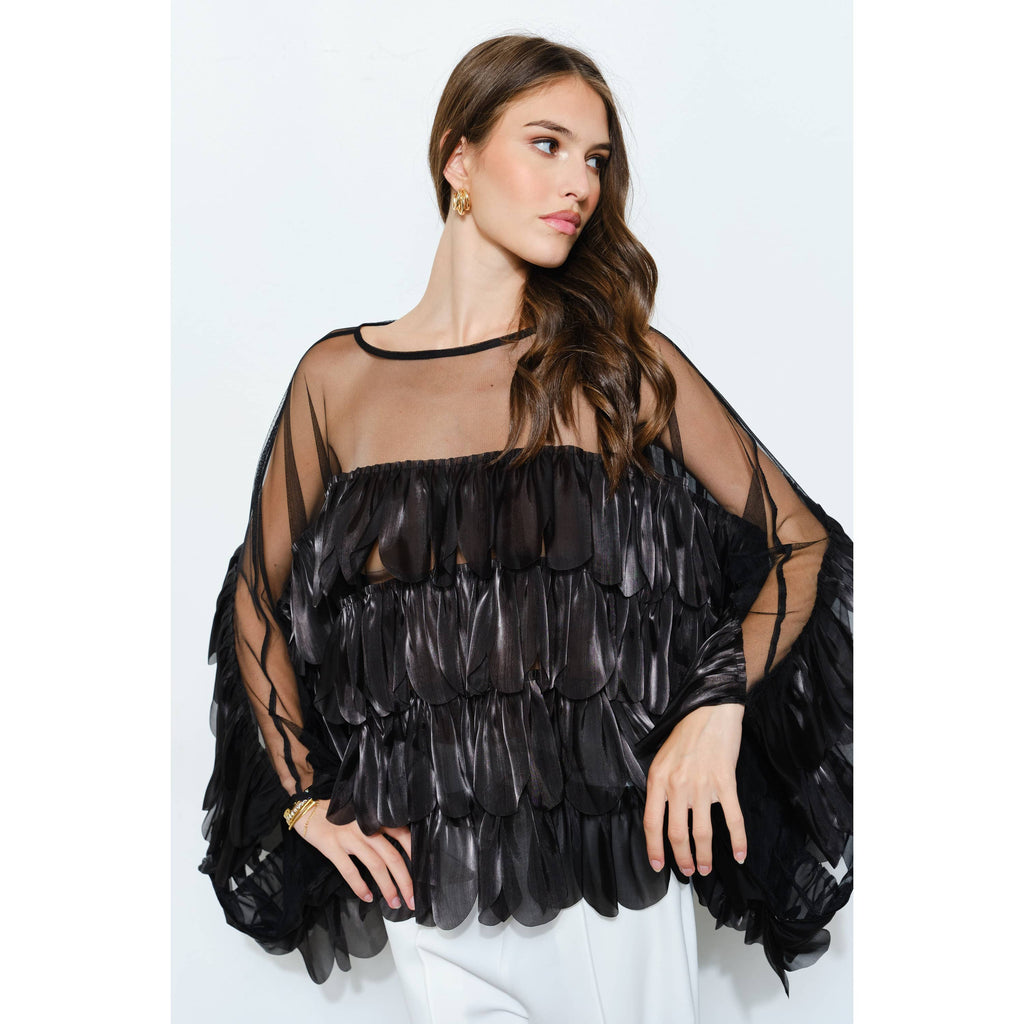Black Shimmer Organza Scallop Ruffle Layered Blouse
