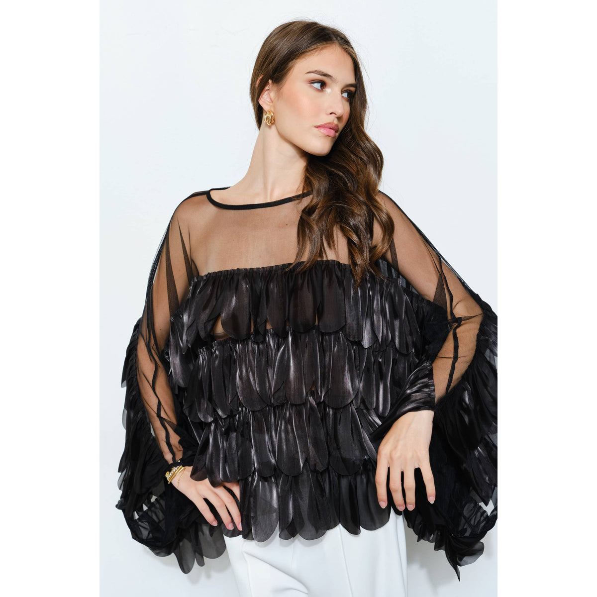 Black Shimmer Organza Scallop Ruffle Layered Blouse