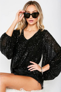 Black V-Neck Balloon Sleeves Sequin Blouse Top