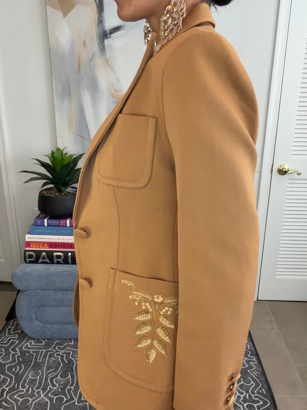 Camel Embellished Pocket Fitted Blazer