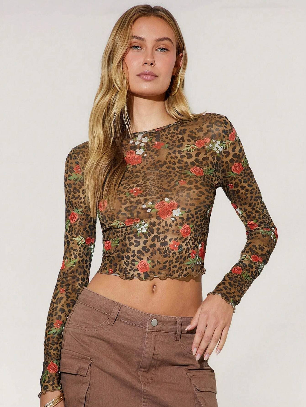 Coffee Leopard Floral Mesh Crop Top