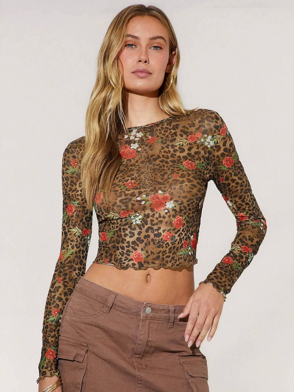 Coffee Leopard Floral Mesh Crop Top