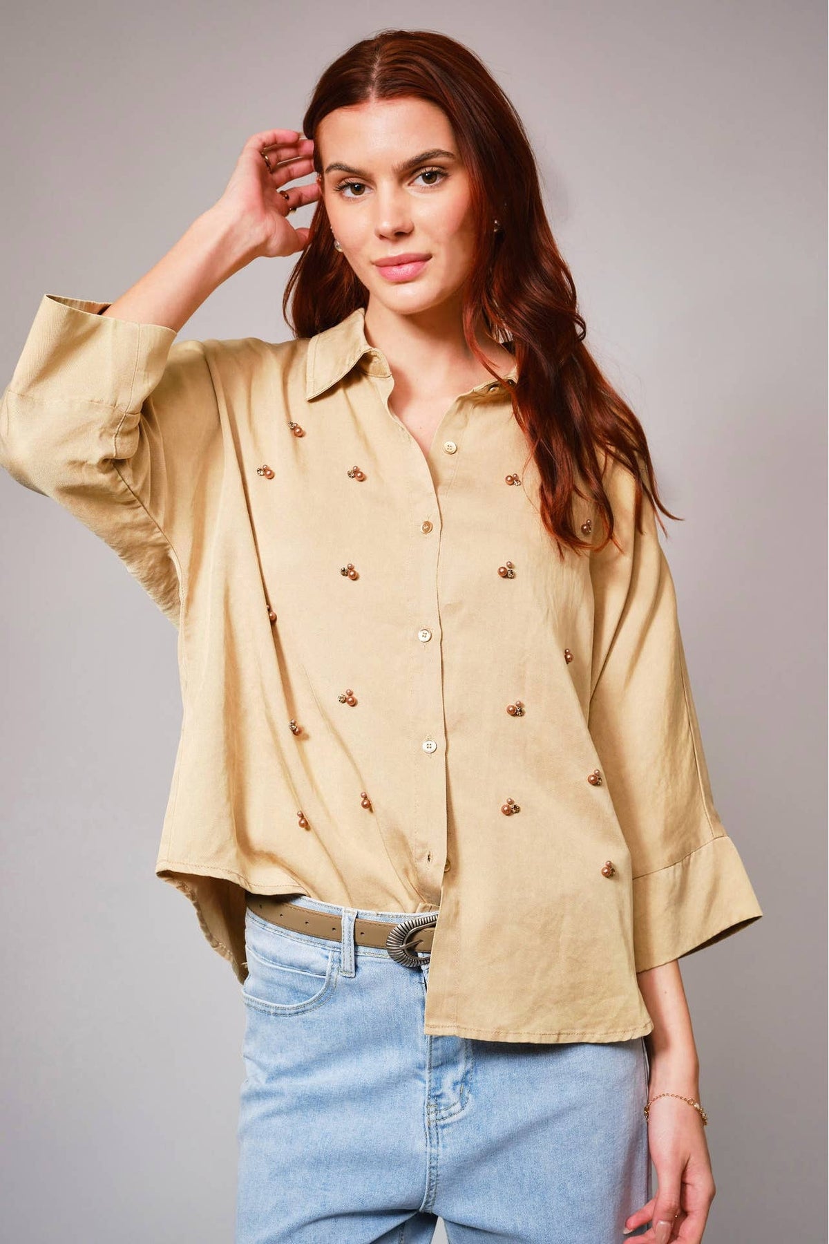 Blue B Hi-Low Pearl Embellished Chambray Top