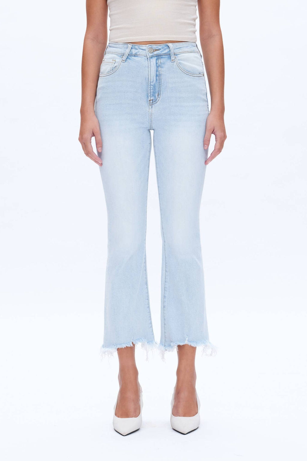 Bayeas High Rise Flare Denim Jeans with Frayed Hem