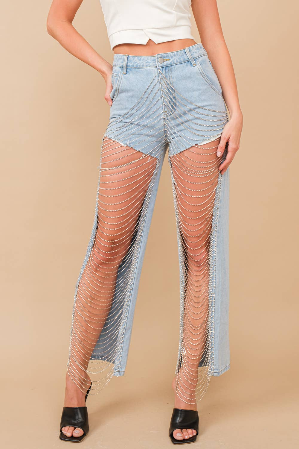 Blue B Cut Out Open Leg Rhinestone Chain Denim Jeans