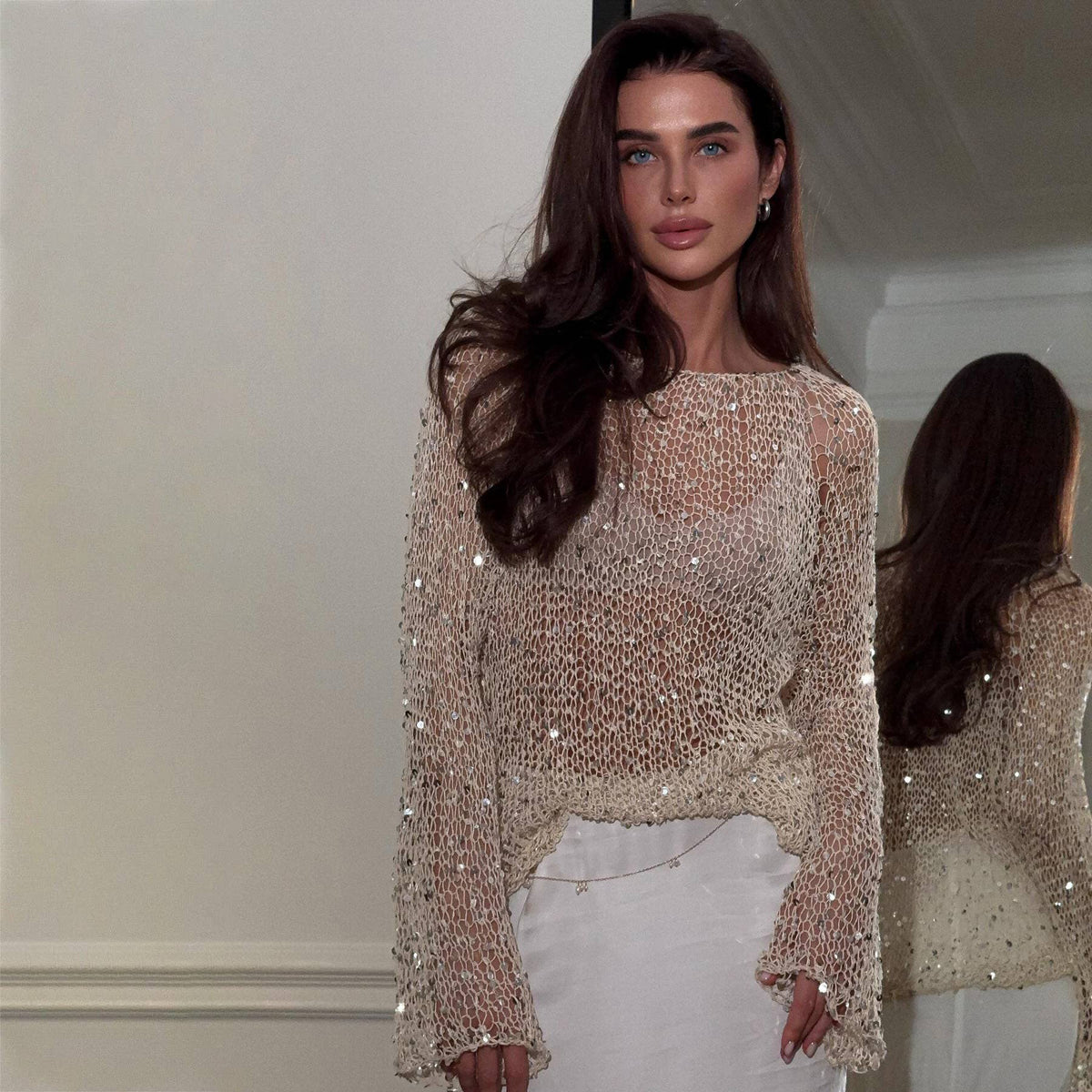 Champagne Sequin Embellished Knit Top
