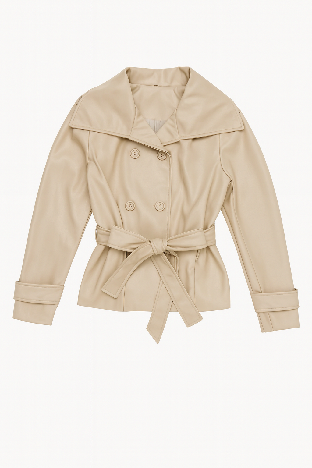 Beige Faux Leather Belted Jacket