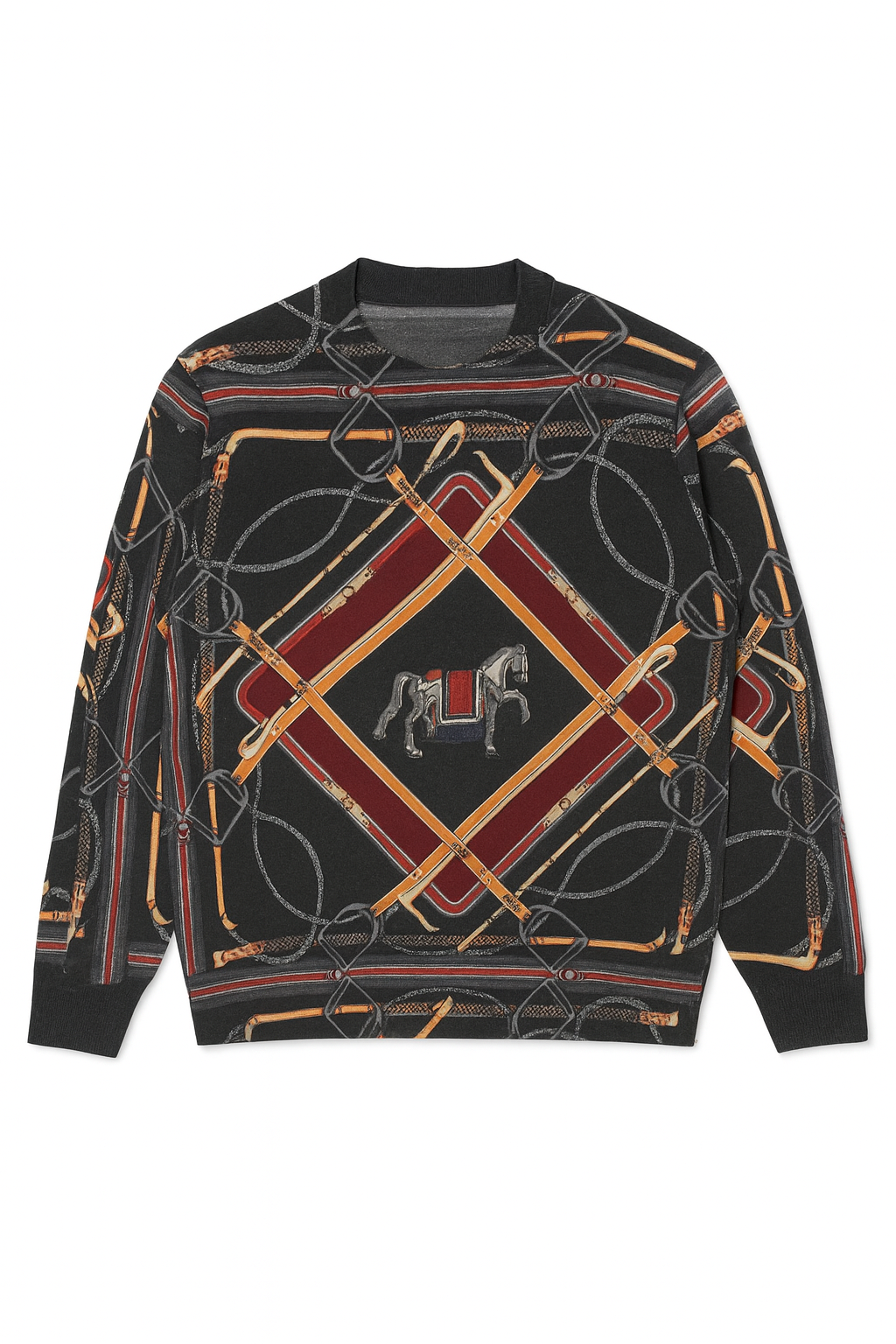 Black Red Equestrian Print Lightweight Sweater
