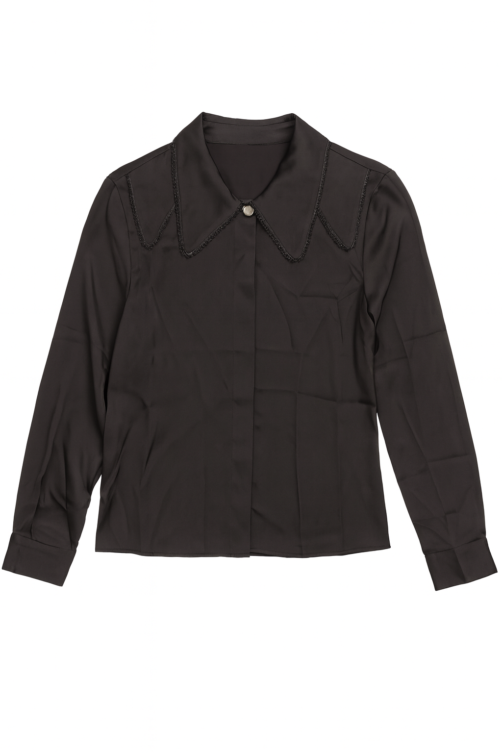 Black Silk Lace Trim Statement Collar Blouse