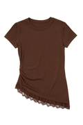 Brown Lace Hem Asymmetrical Top