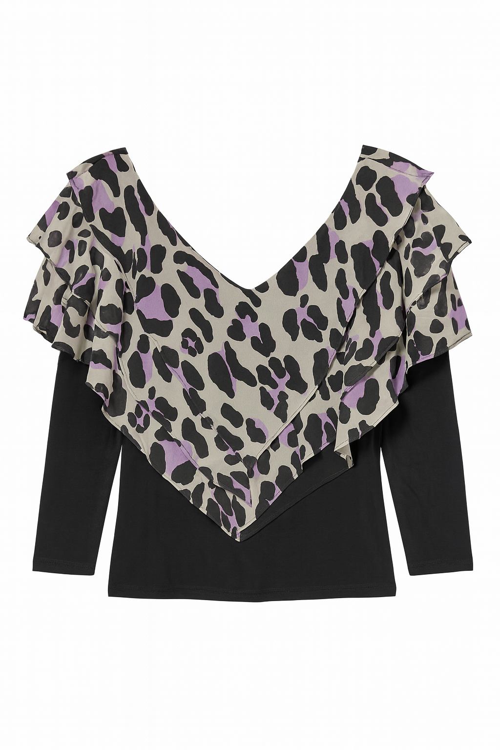 Black Leopard Ruffle Long Sleeve Top