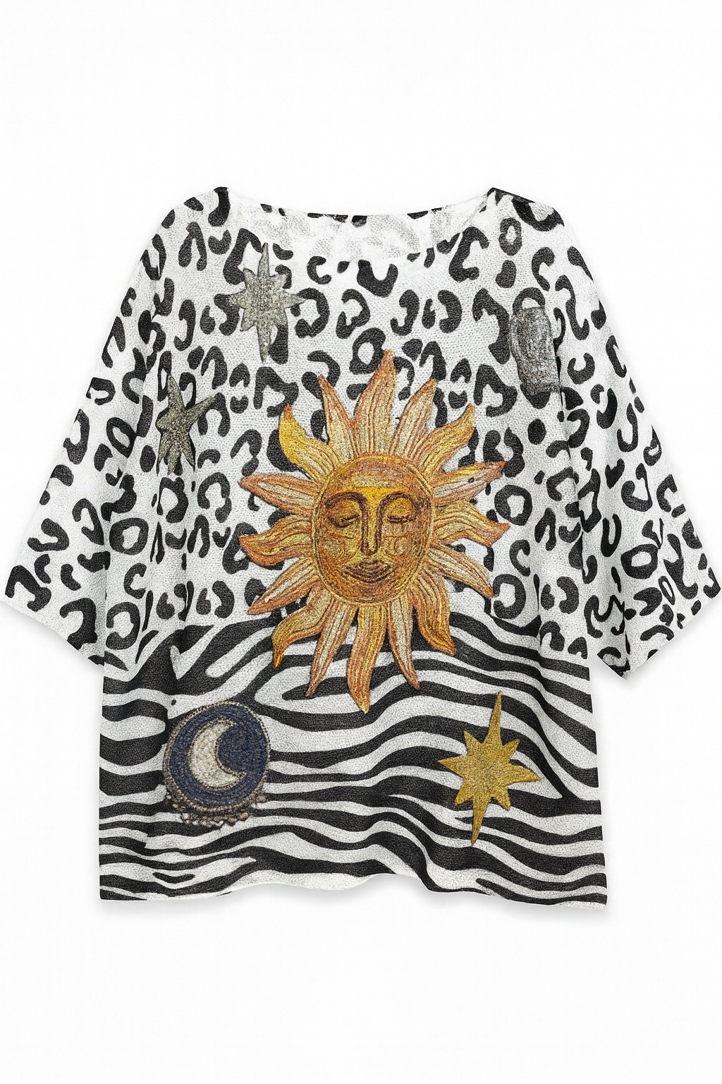 Black Sun Leopard Print Graphic Knit Top