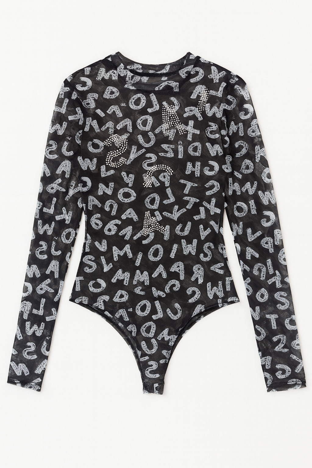 Black Crystal Embellished Mesh Long Sleeve Top