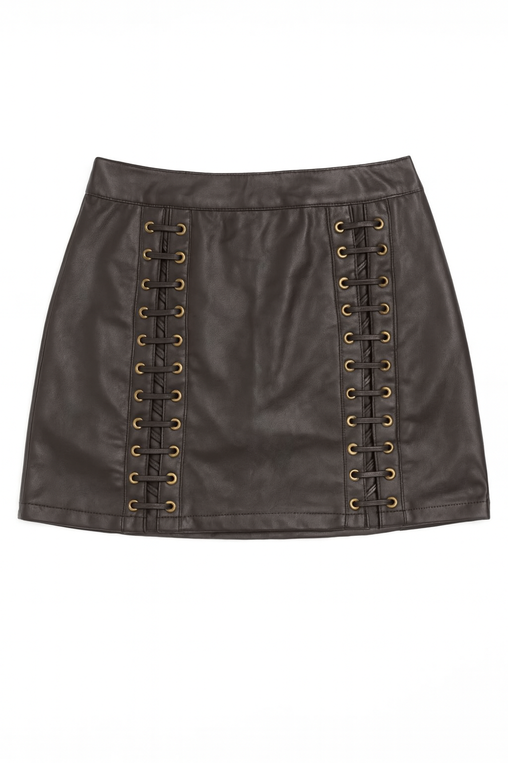 Brown Faux Leather Lace-Up Mini Skirt
