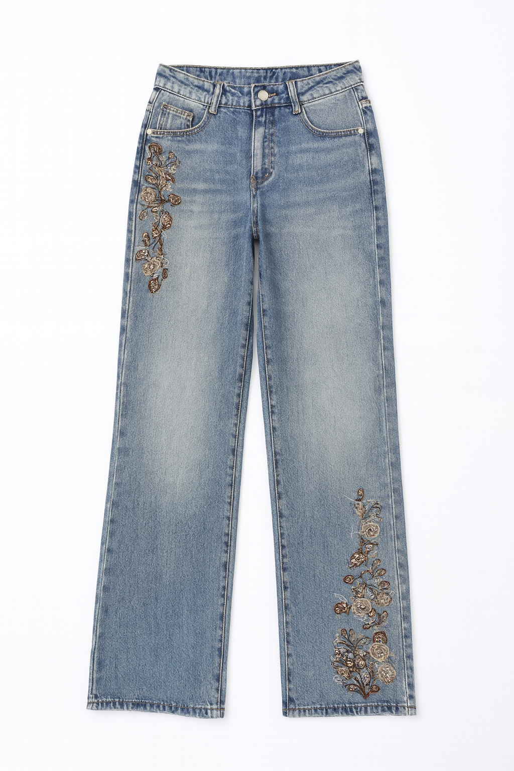 Blue Floral Embroidered Jeans