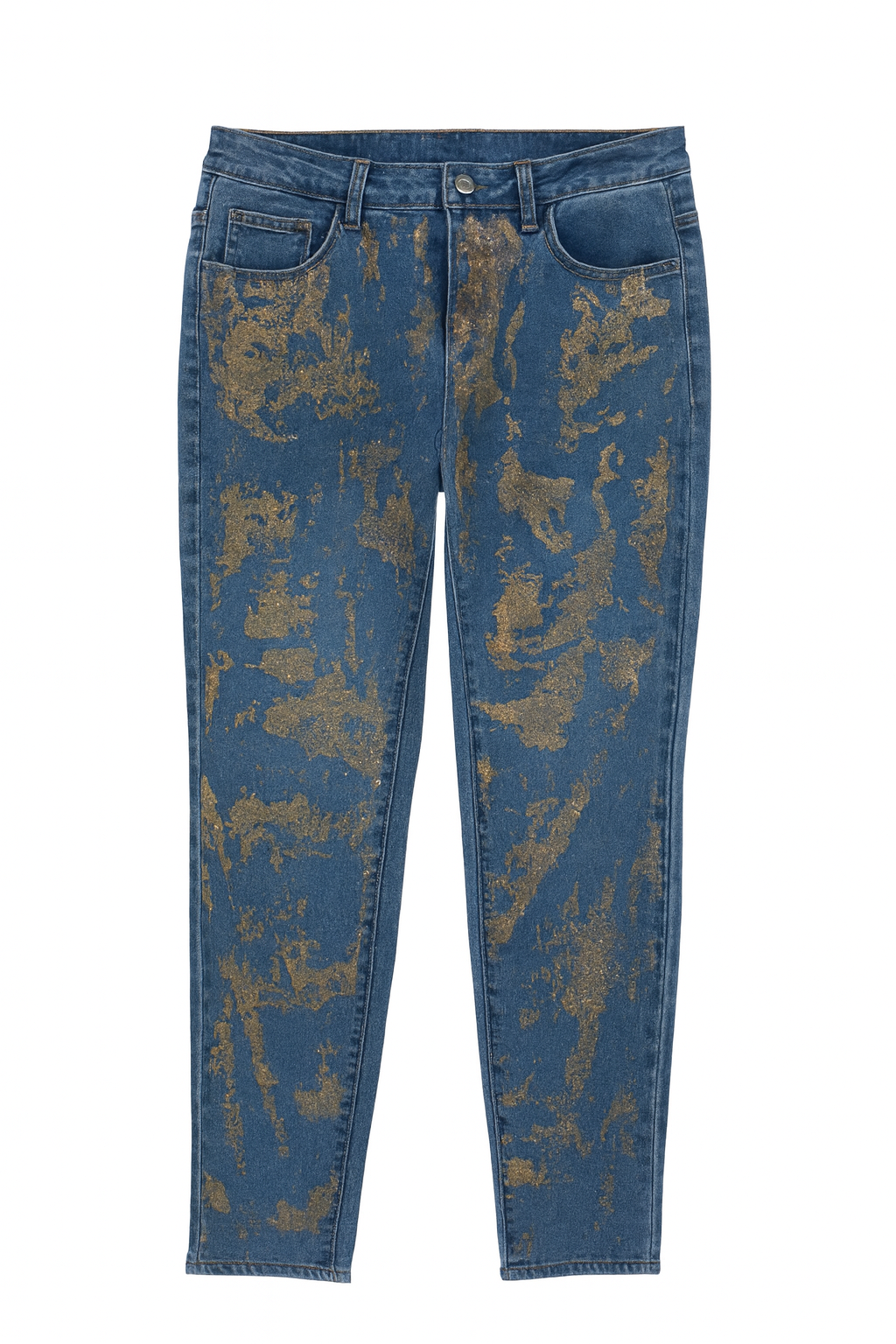 Blue Gold Metallic Print Jeans