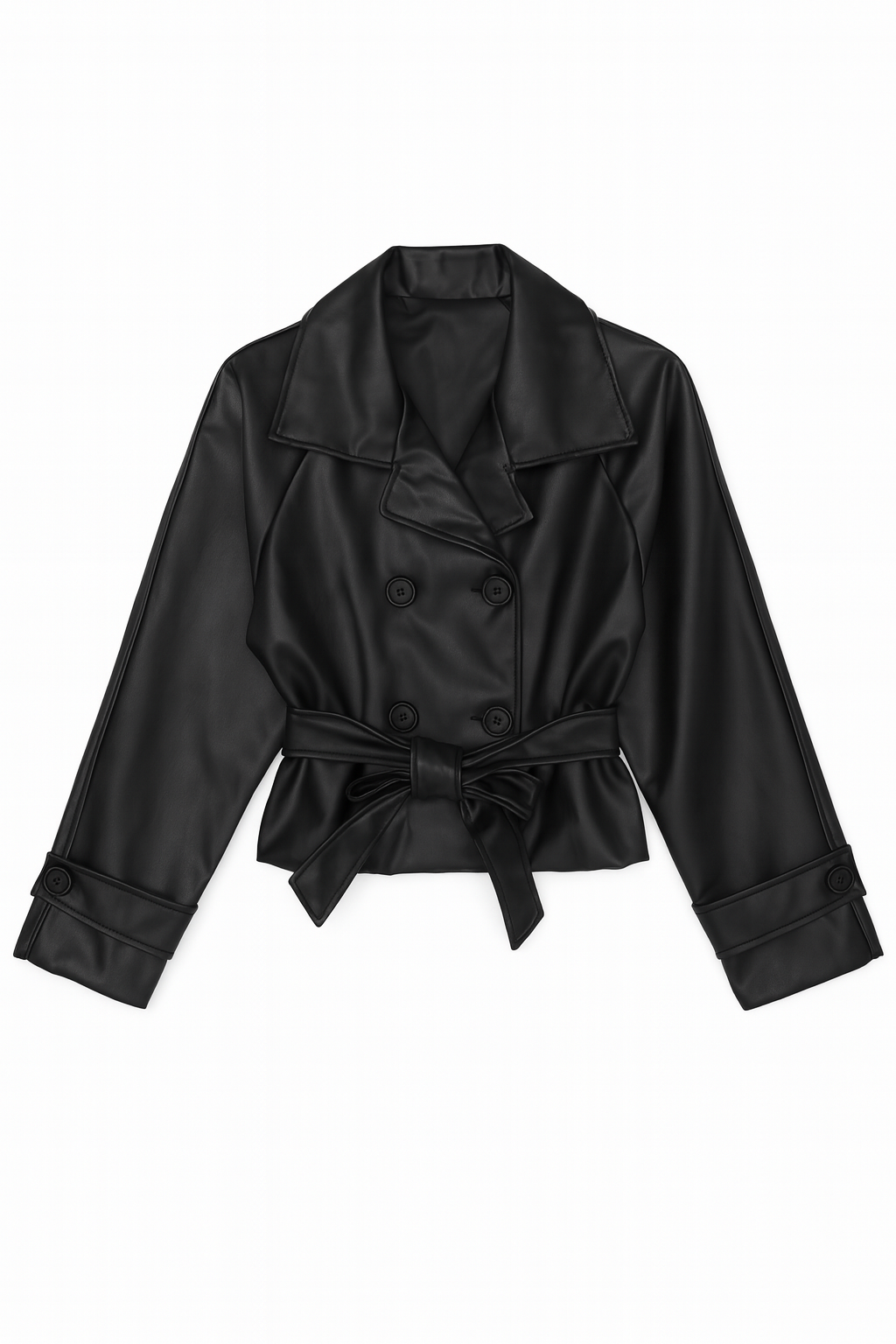 Black Faux Leather Belted Jacket