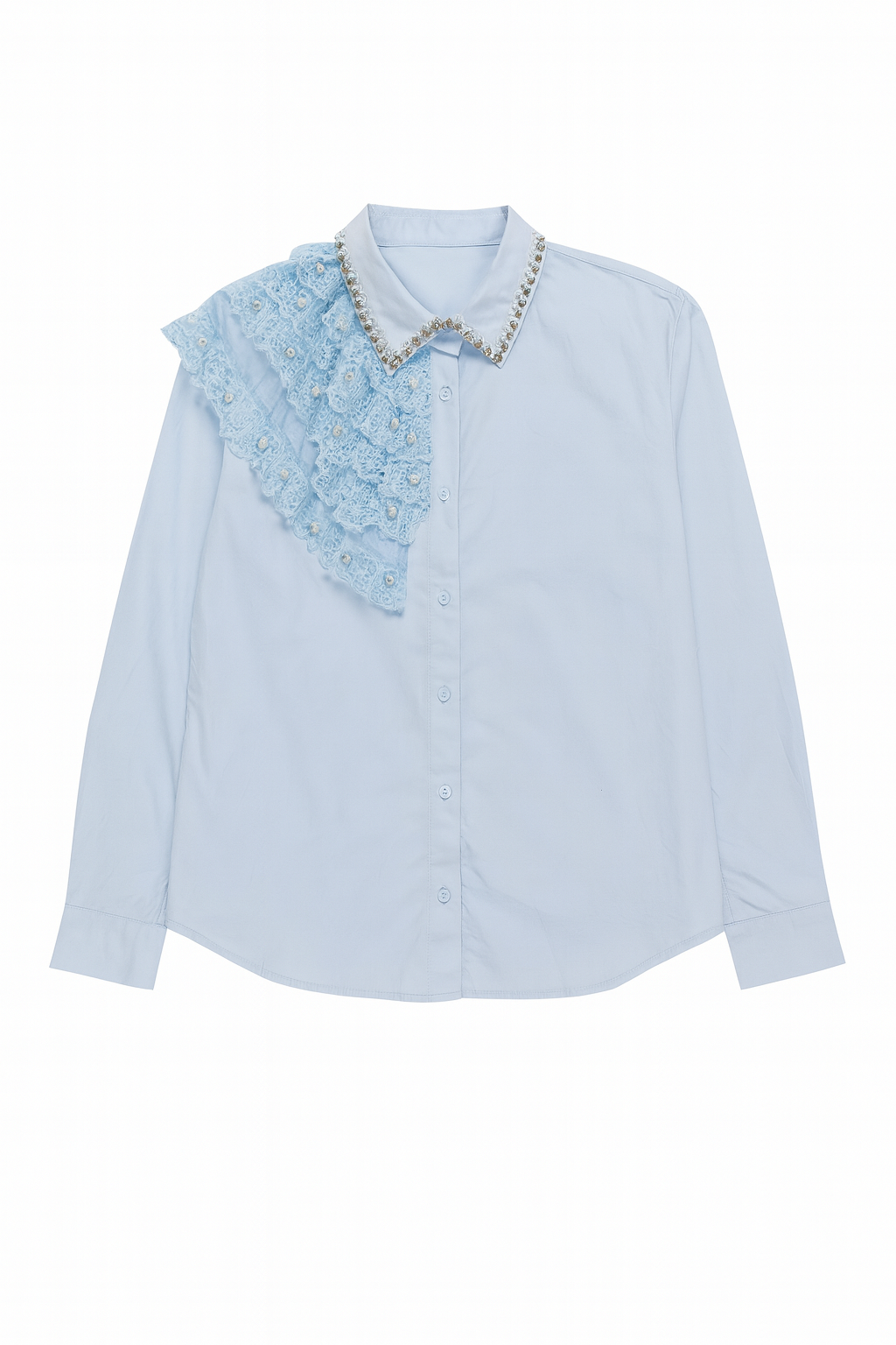 Blue Lace Embellished Long Sleeve Top