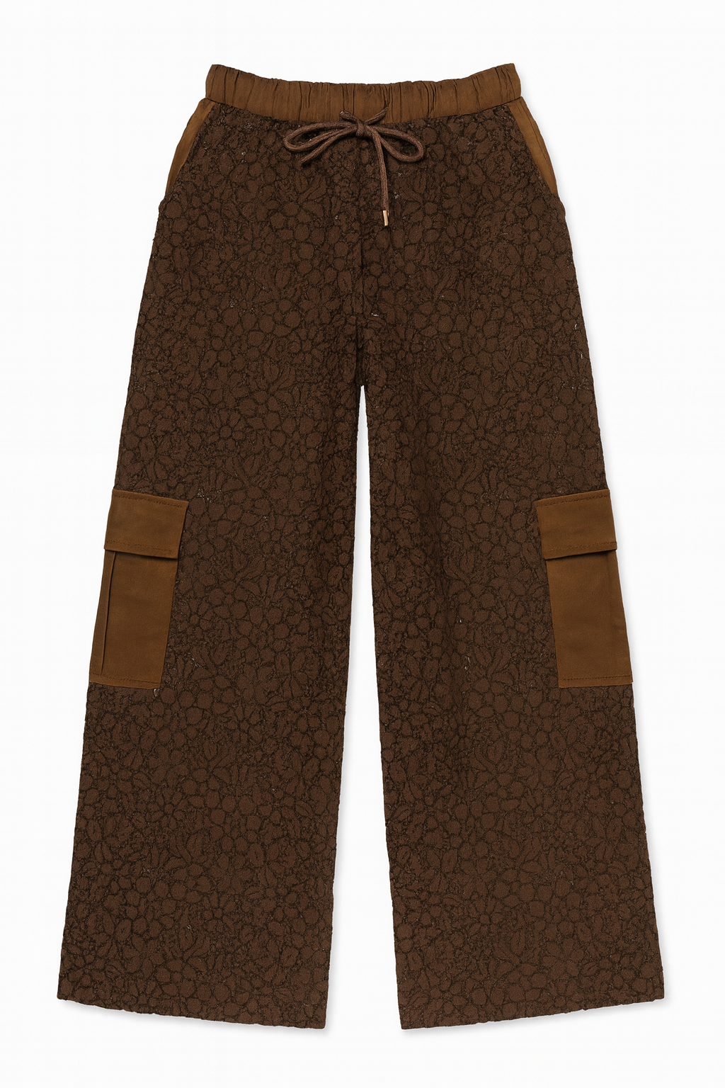 Brown Textured Wide Leg Cargo Pants