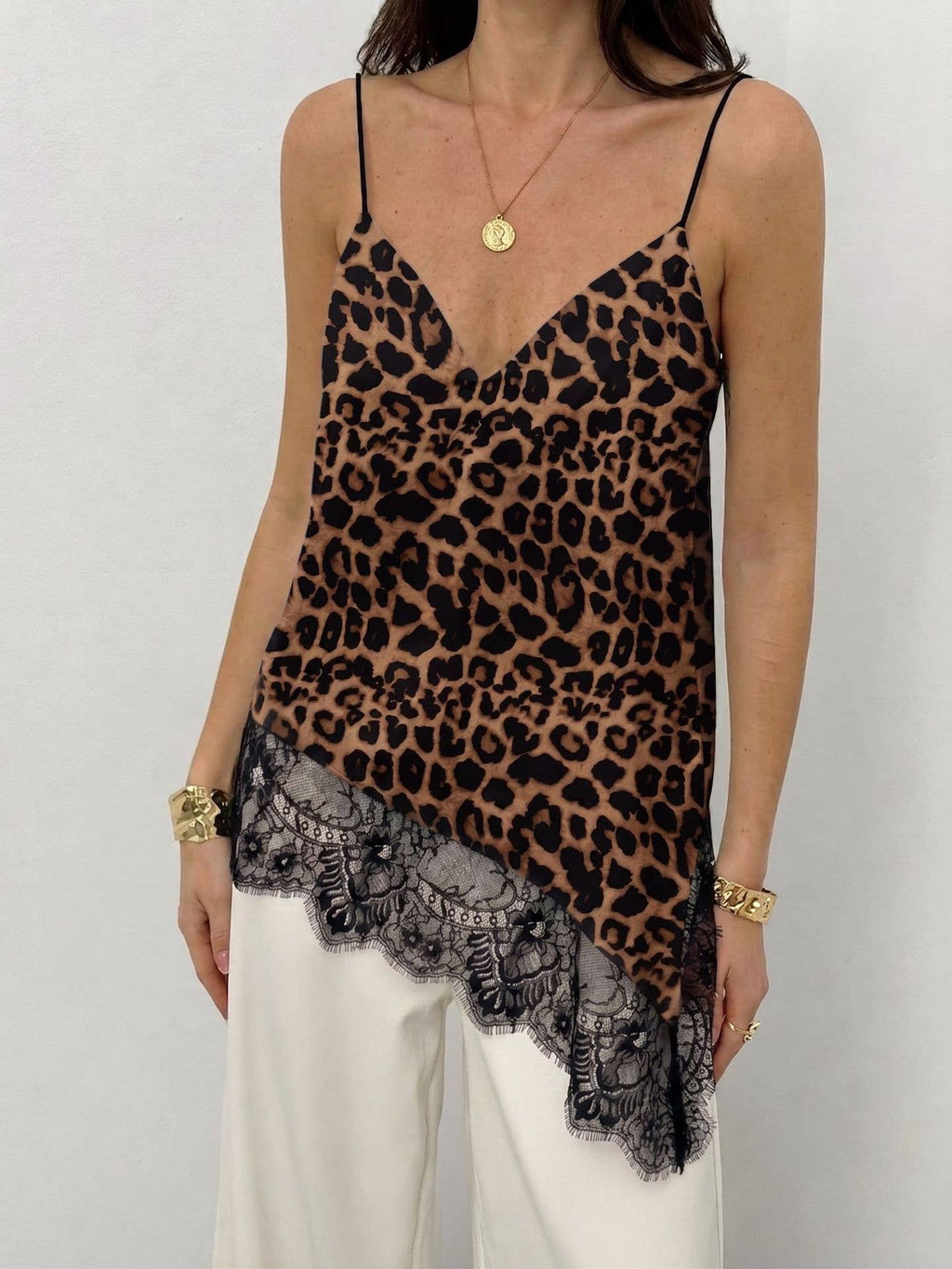 Coffee Leopard Lace Trim Asymmetric Cami Top