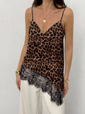 Coffee Leopard Lace Trim Asymmetric Cami Top