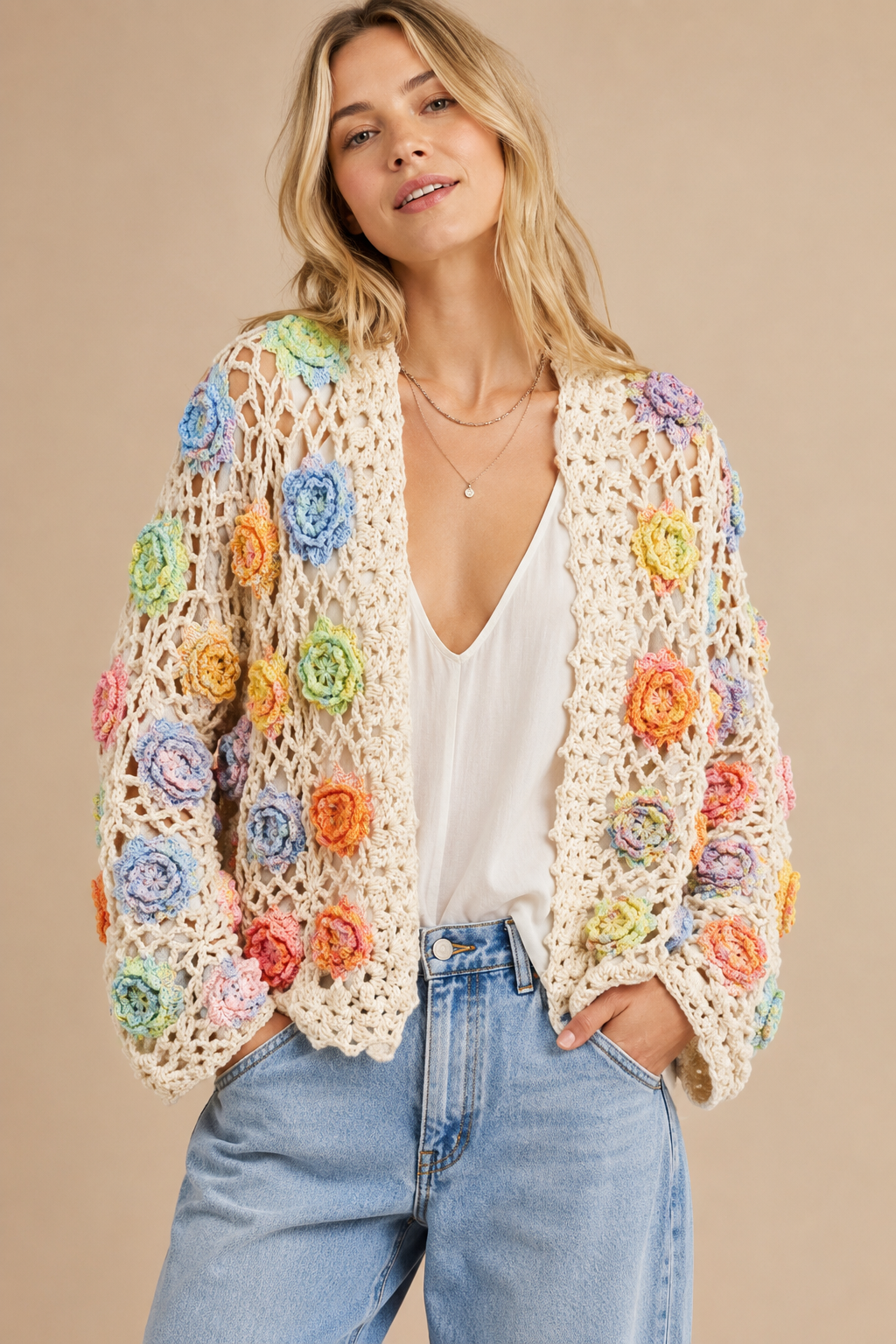 Cream Multicolor Floral Crochet Cardigan